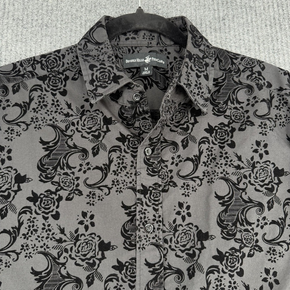 Beverly Hills Polo Club Floral Gothic Button Shirt Mens M Black Velvet Burnout